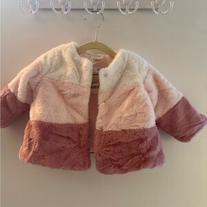 Baby Girls Colorblock Pink and White Faux Fur Jacket